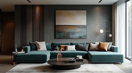 Cozy and Minimalist Interiors: Teal velvet sofas, beige pillows, and sleek modern decor, creating a calm and stylish living space. 