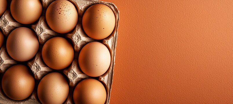 Six brown eggs nestled in carton against warm terracotta backdrop for national egg day