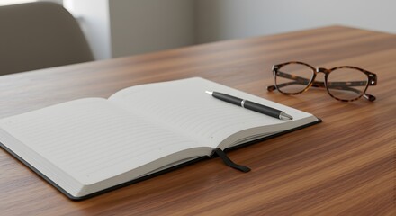 Open notebook with pen and glasses on a desk, providing a simple and inviting workspace or study scene. Ready for creativity and productivity.