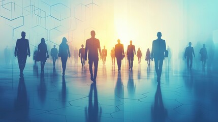 Silhouettes of business professionals walking against gradient blue background