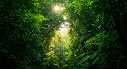 Lush Rainforest Canopy Sunlight - Sunlight streams through a dense, green rainforest canopy, creating a vibrant and tranquil scene