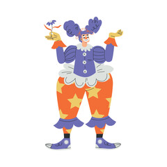 Colorful Man Clown Character with Bright Makeup and Nose Amusing Hold Flower Vector Illustration