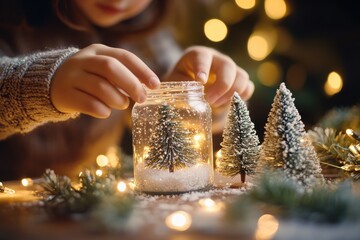 Child making a handmade snow globe using a glass jar, mini snowy trees, and string lights for a cozy winter holiday craft activity