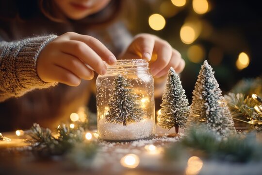 Child making a handmade snow globe using a glass jar, mini snowy trees, and string lights for a cozy winter holiday craft activity - Powered by Adobe