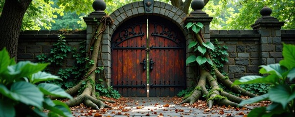 Fototapeta premium Ancient tree roots wrapped in vines and exotic leaves entwine with rusty iron gates, mysterious atmosphere, dark, tree roots