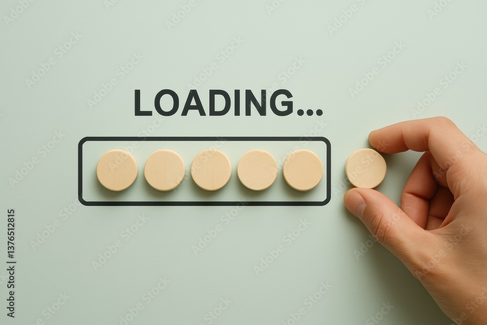 Poster loading progress: a close-up shot of a hand carefully placing the last piece into a loading bar, the