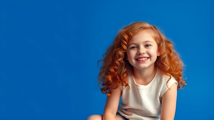 The red-haired curly-haired girl is smiling. The background is blue