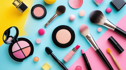 Vibrant Makeup Collection: An artfully arranged collection of makeup essentials, boasting a colorful array of products, brushes and beauty supplies ready to enhance one's natural features