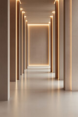 Obraz premium Minimalist corridor with recessed lighting, architectural design creates an inviting space for all visitors.