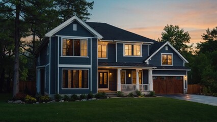 Exquisite New Traditional Home with Blue Siding, Porch, and Wood Garage Doors at Dusk