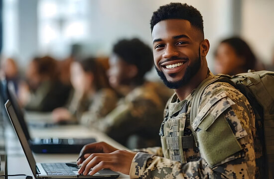 Black smiling veteran in camouflage military uniform studies on laptop in school computer lab with diverse students. Professional development, life events, career goals. Military personnel education.