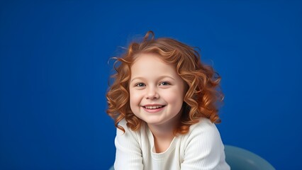 The red-haired curly-haired girl is smiling. The background is blue