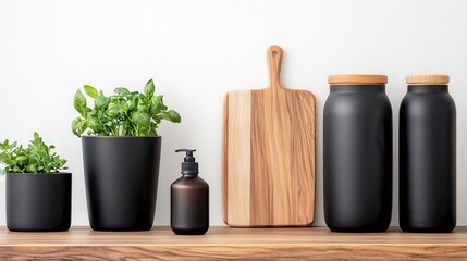 A minimalist arrangement featuring potted plants, black containers, and a wooden cutting board on a wooden shelf against a neutral background.