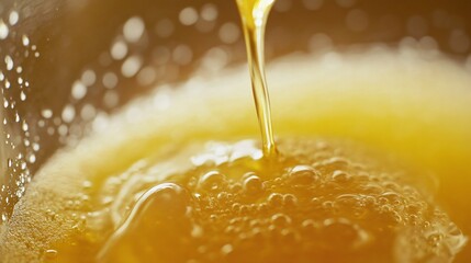 A close up of vinaigrette dressing mixing with olive oil, the separation of ingredients visible in a glass