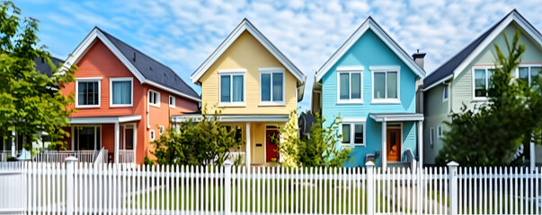 Colorful houses stand in neighborhood. White picket fence surrounds houses. Neighborhood revitalization concept. Affordable housing initiatives supported by community involvement. Focus on community