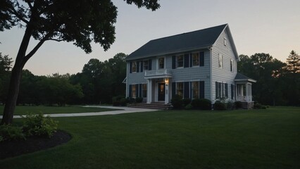 Classic American house exterior at dusk with manicured lawn and mature landscaping, showcasing suburban homeownership and tranquility