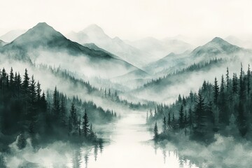cloudy blue mountain background on lake and pine with watercolor. Mountain images for banners, book covers, weddings, postcards, posters and advertising