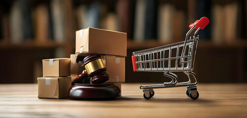 Judge gavel and shopping cart with boxes on wood table. Concept of consumer rights, responsibilities to safety, customer protection, commercial law in retail, e-commerce, online shopping.