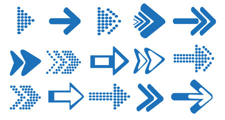 A set of icons with arrows. Various packaging icons. Movement pointers. Site and player control buttons. Flat style logos. Information pointers. Directions. Modern simple vector arrows.