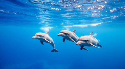 Obraz premium Dolphins swimming together in clear blue ocean waters 