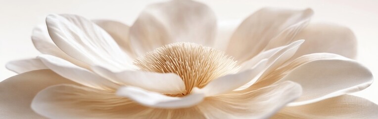 Close-up view of intricate cream and white flower petals reveals delicate textures and details. Soft lighting enhances the natural beauty against a neutral background, showcasing elegance
