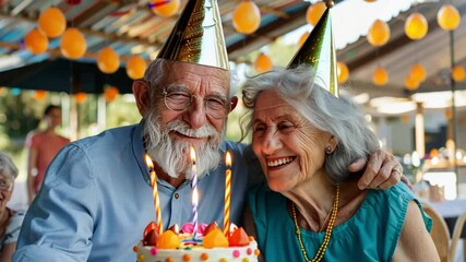 Smiling elderly couple with a birthday cake wearing party hats at an outdoor celebration