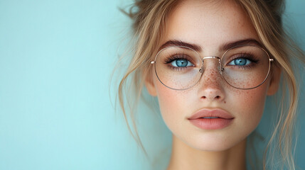 Fototapeta premium Young woman with glasses and striking blue eyes poses