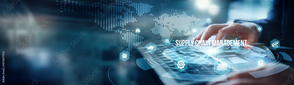 Poster a man using a laptop analyzes logistics for supply chain management. examines inventory levels deliv