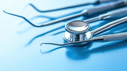 Shiny dental tools arranged neatly on a smooth reflective surface