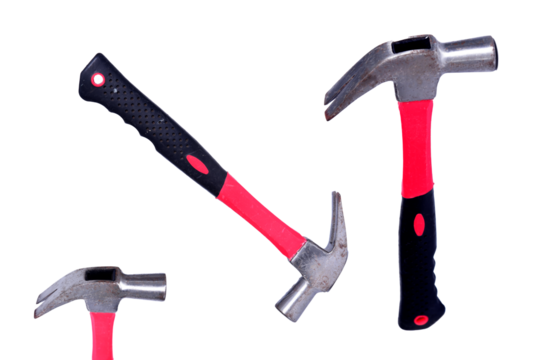 iron hammer with injected plastic handle construction tool hammering nail nailing wood carpentry and construction - Powered by Adobe