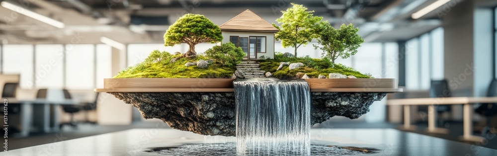 Aufkleber a unique floating island features bonsai trees, a cascading waterfall, and a small house, creating a