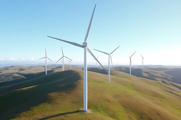 A collection of wind turbines generating renewable energy in an expansive rural landscape with rolling hills and clear skies