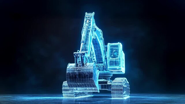 3D hologram projection of Excavator from high-tech device with blue neon lines. This 3D visualization highlights the various components of the Excavator