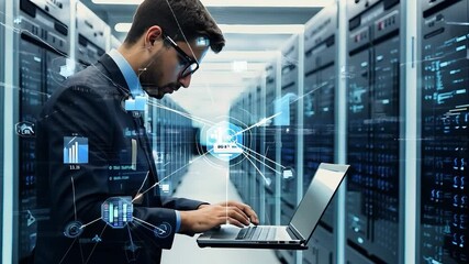 IT specialist working on laptop in data center with digital interface overlay. Cybersecurity and network management concept. Design for banner, header, poster. - Powered by Adobe
