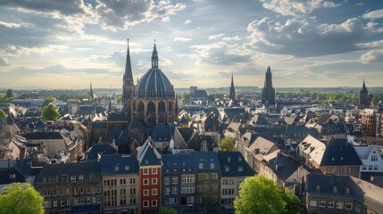 Obraz premium Aachen: A Summer Stroll Through the German City Featuring Iconic Cupolas and Vibrant Atmosphere