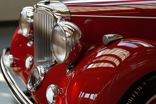 Fototapeta Classic Red Car: A polished vintage vehicle with gleaming chrome accents and a deep red finish.