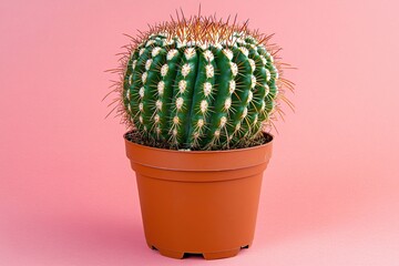 Bright green cactus in a simple plastic pot against a soft pink background