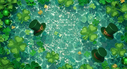 St Patricks Day Water Background - Festive St. Patrick's Day background featuring shamrocks and leprechaun hats floating on shimmering green water