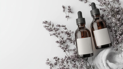 Minimalist product mockup of aromatherapy oils with lavender on white background
