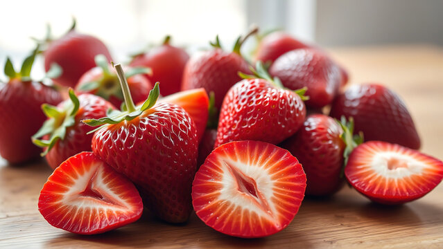 Strawberries on a wooden table closeup fresh concet sweet dessert snack tasty