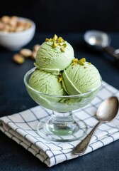 A glass dessert bowl filled with three scoops of green pistachio ice cream, garnished with crushed nuts, sits on a folded white napkin with a grid pattern