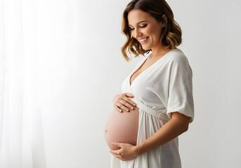 The Beauty of Anticipation: A radiant pregnant woman embraces the joy of motherhood, her hand tenderly cradling her baby bump against a backdrop of soft, diffused light. 