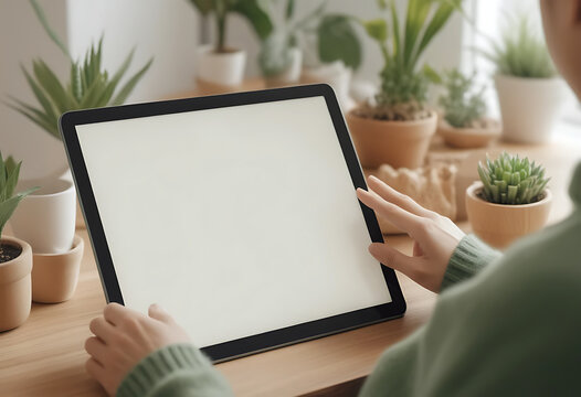 Person Using Modern Tablet with Blank Screen in Cozy Workspace