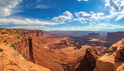 Fototapeta premium High desert canyon vista. Dramatic red rock formations and valleys stretch to the horizon under a vibrant sky. Vastness, rugged beauty, and geological wonders combine in this breathtaking landscape