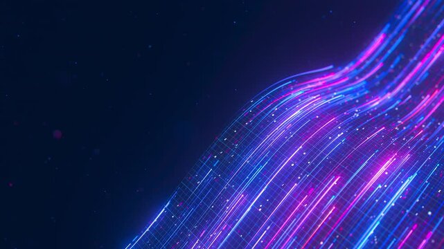 Closeup of Big data light speed flow. Abstract digital data stream of quantum computing. Cyberspace of qubit trail waves. Modern tech information transmission.