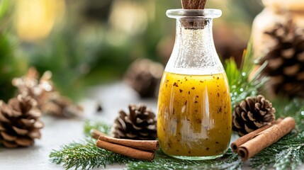 Winter-themed vinaigrette dressing in a frosted glass bottle, surrounded by pinecones and cinnamon sticks