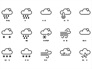 weather icons set, vector art, Umbrella, Snowflake, Sunrise, Wind.
