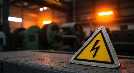 High voltage warning sign in industrial setting. Electrical hazard triangle on rusty surface. Factory machinery in background. Workplace safety and risk management concept. Horizontal banner