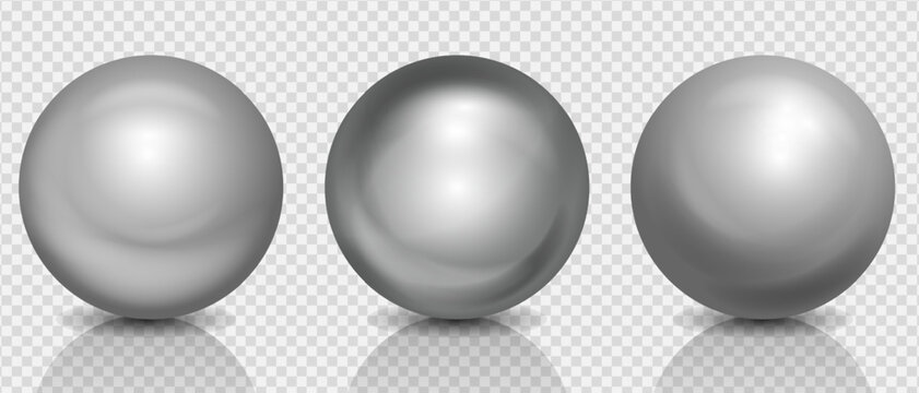 Chrome silver 3d ball realistic set, Glass textured spheres with shining highlights and shadows on transparent background, Vector illustration.