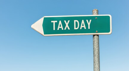 Fototapeta premium Tax Day signpost against clear blue sky, symbolizing USA April 15 federal tax deadline 